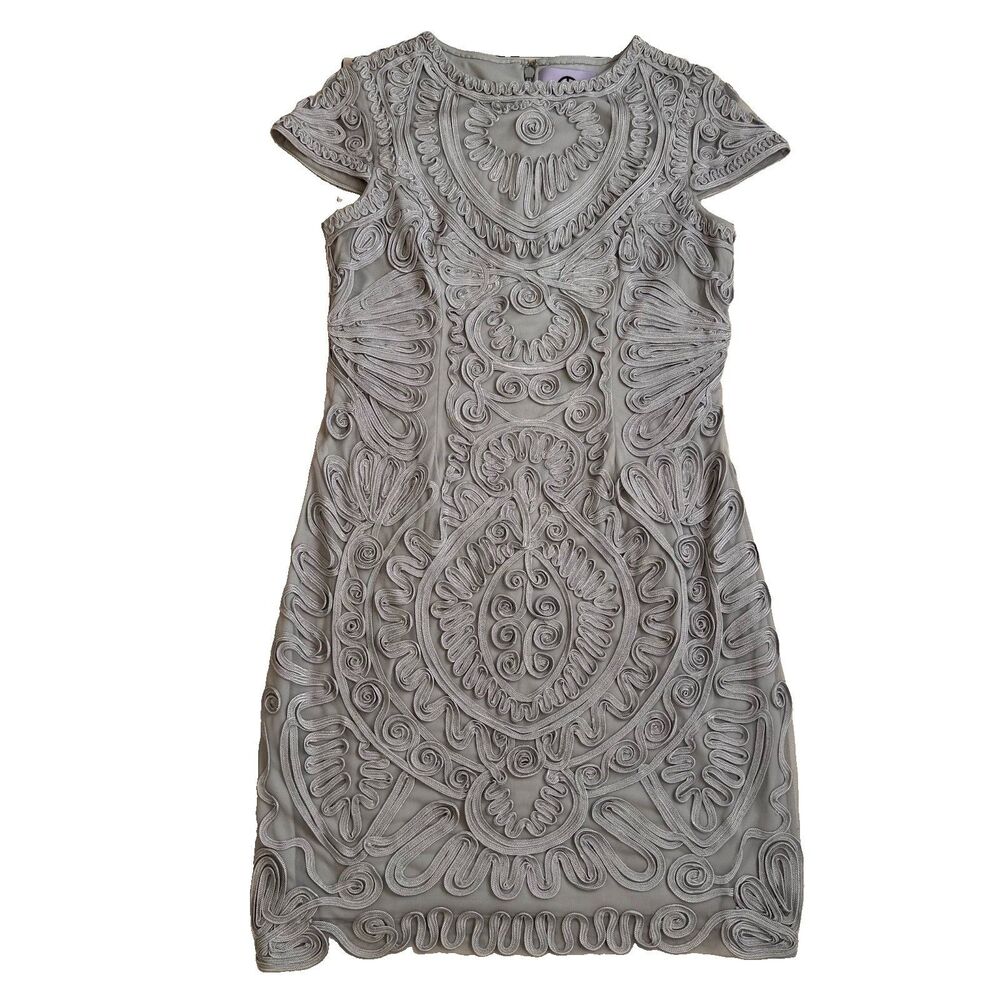 JS Collections Short Sleeve Soutache Cocktail Dress in Gray Size 12 Embroidered